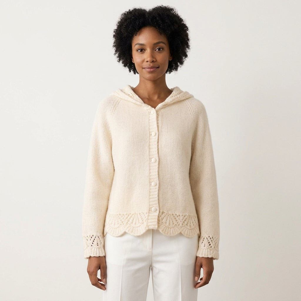 Camilla | Women's Button-Front Hooded Knit Cardigan with Scalloped Openwork Trim