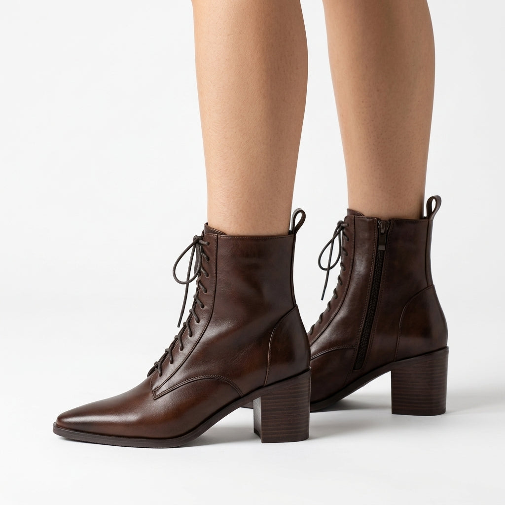 Corinne Lace-Up Ankle Boots with Side Zip and Stacked Block Heel