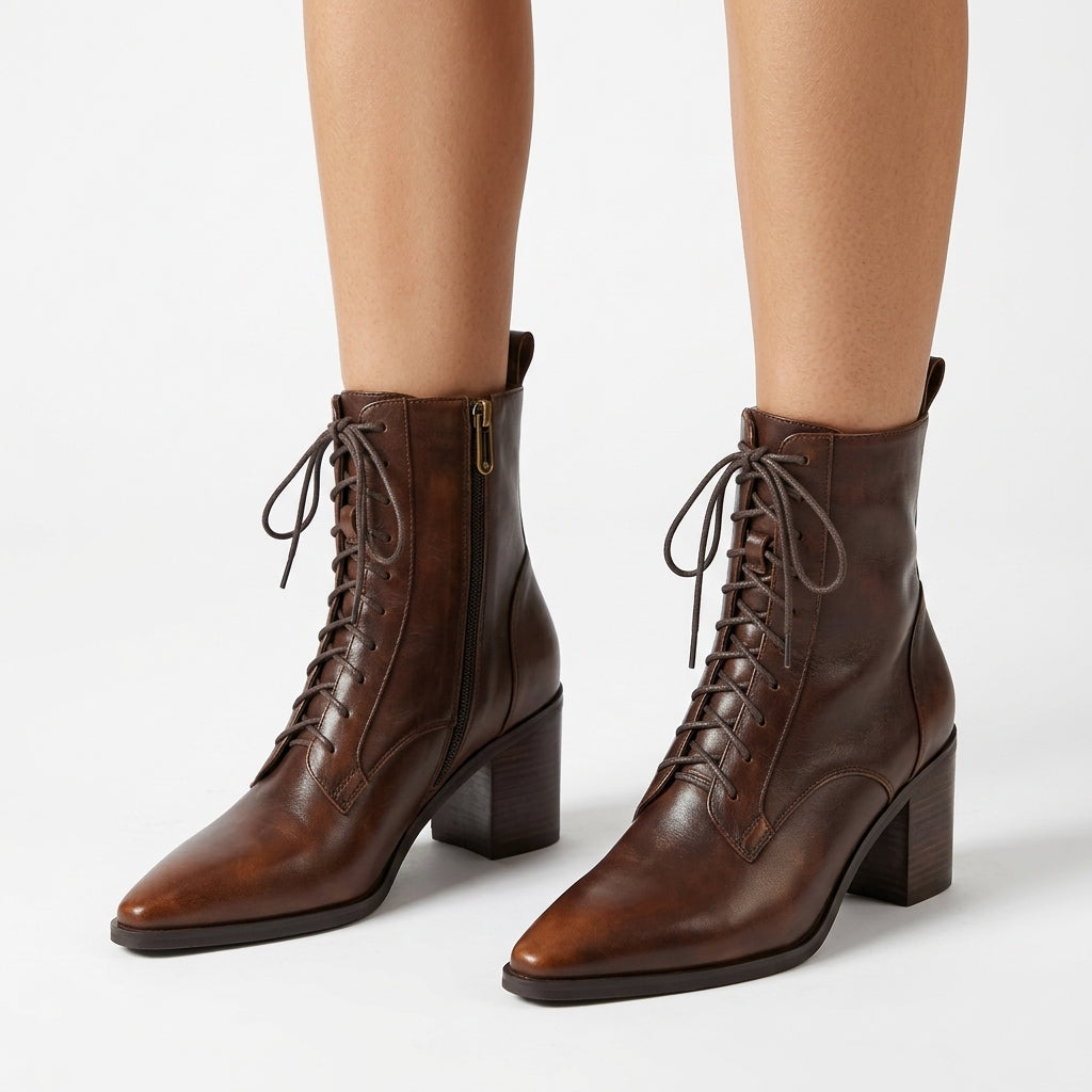 Corinne Lace-Up Ankle Boots with Side Zip and Stacked Block Heel