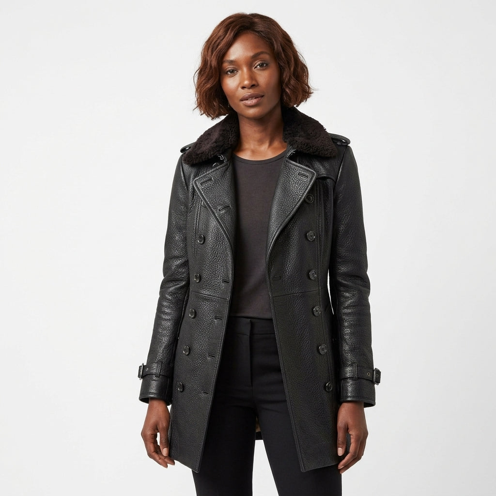 Camila Double-Breasted Leather Coat with Shearling Collar