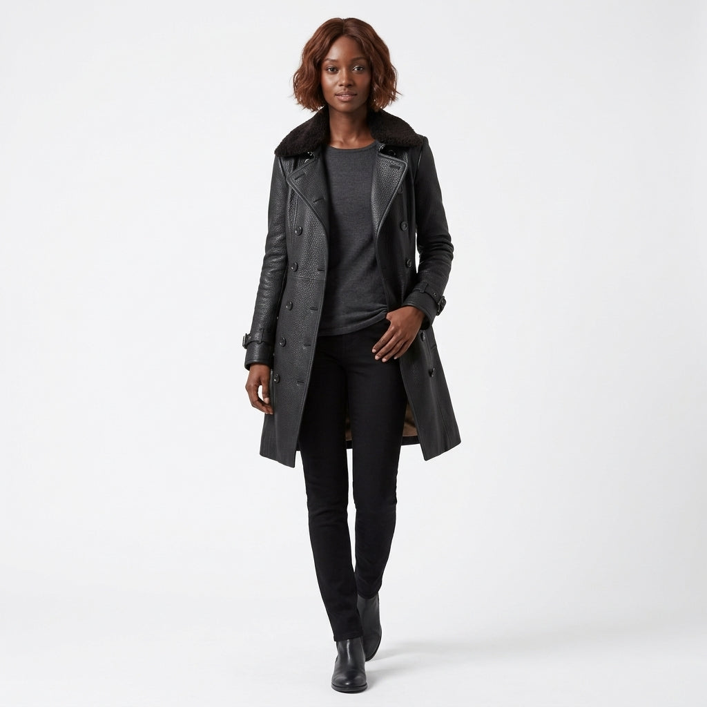 Camila Double-Breasted Leather Coat with Shearling Collar