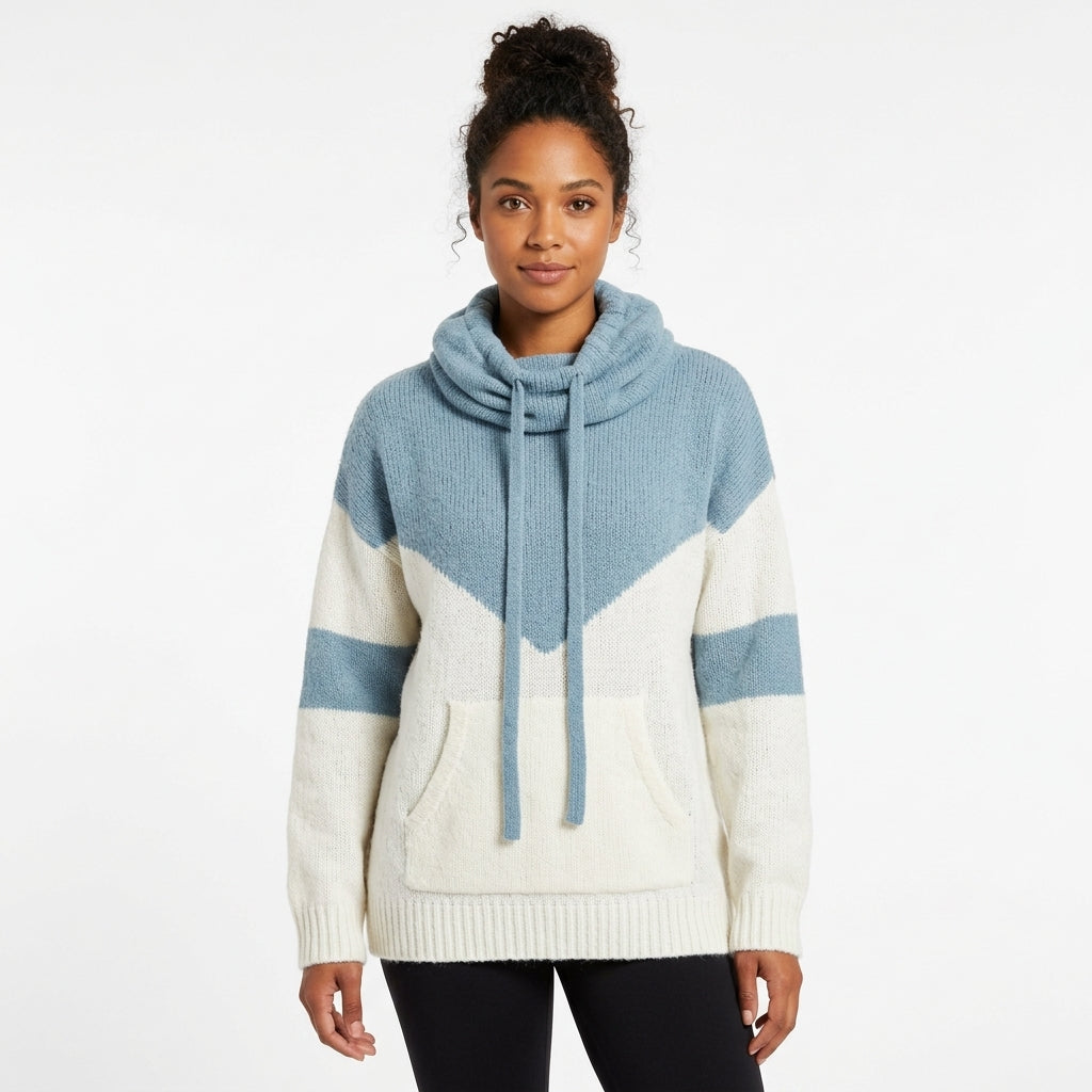 Wren | Women's Colour-Block Cowl Neck Knit Hoodie with Kangaroo Pocket