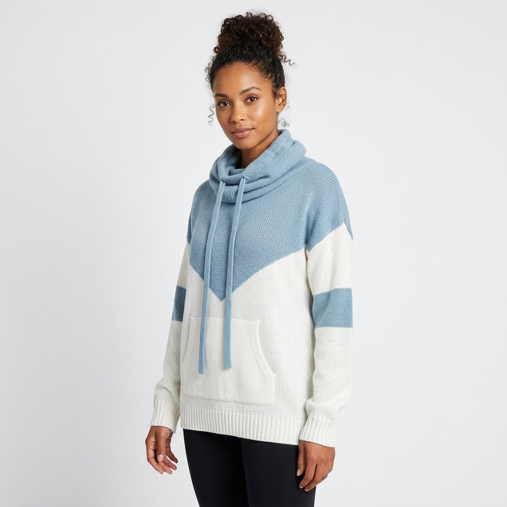 Wren | Women's Colour-Block Cowl Neck Knit Hoodie with Kangaroo Pocket