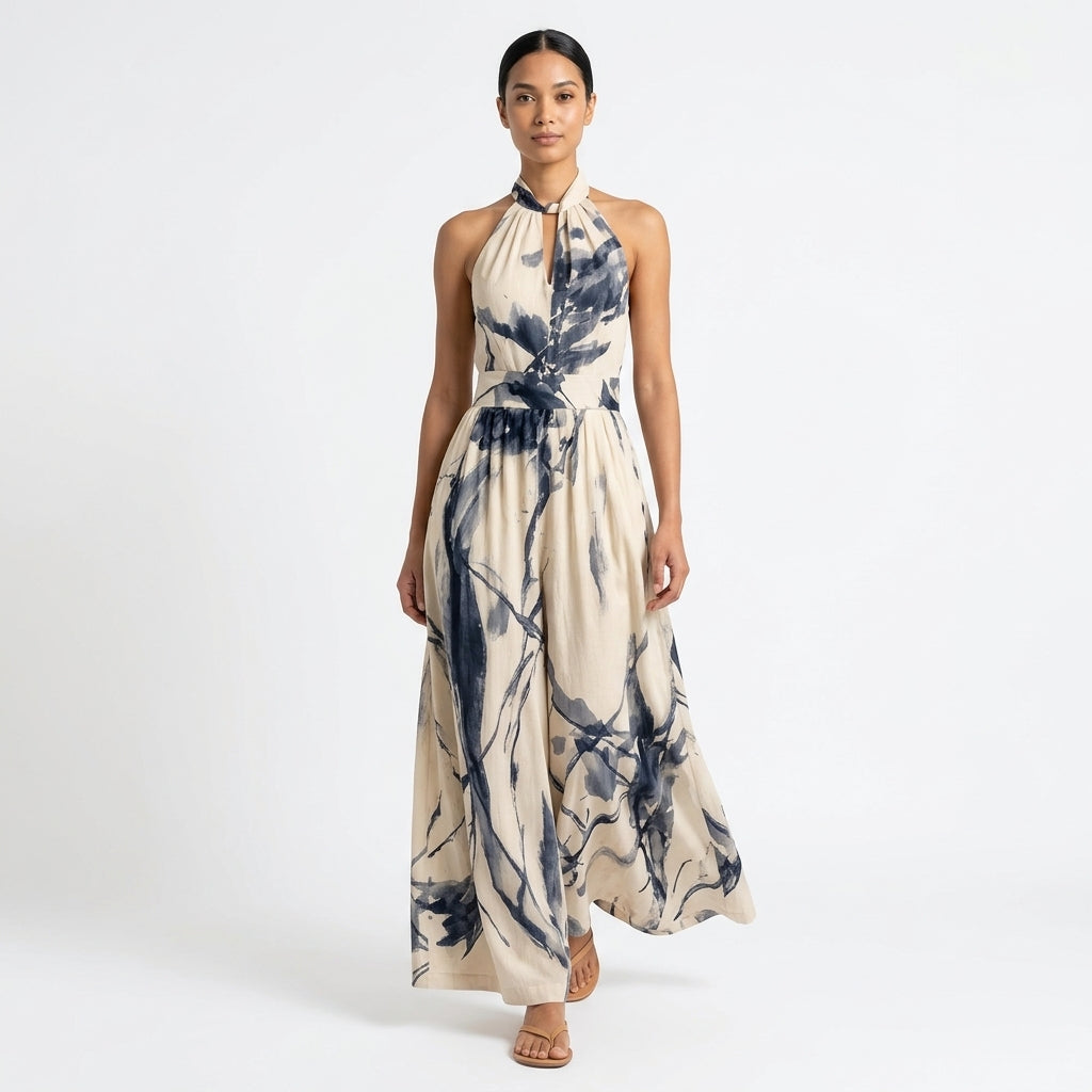 Aria | Artistic Print Halter Maxi Dress with Defined Waist