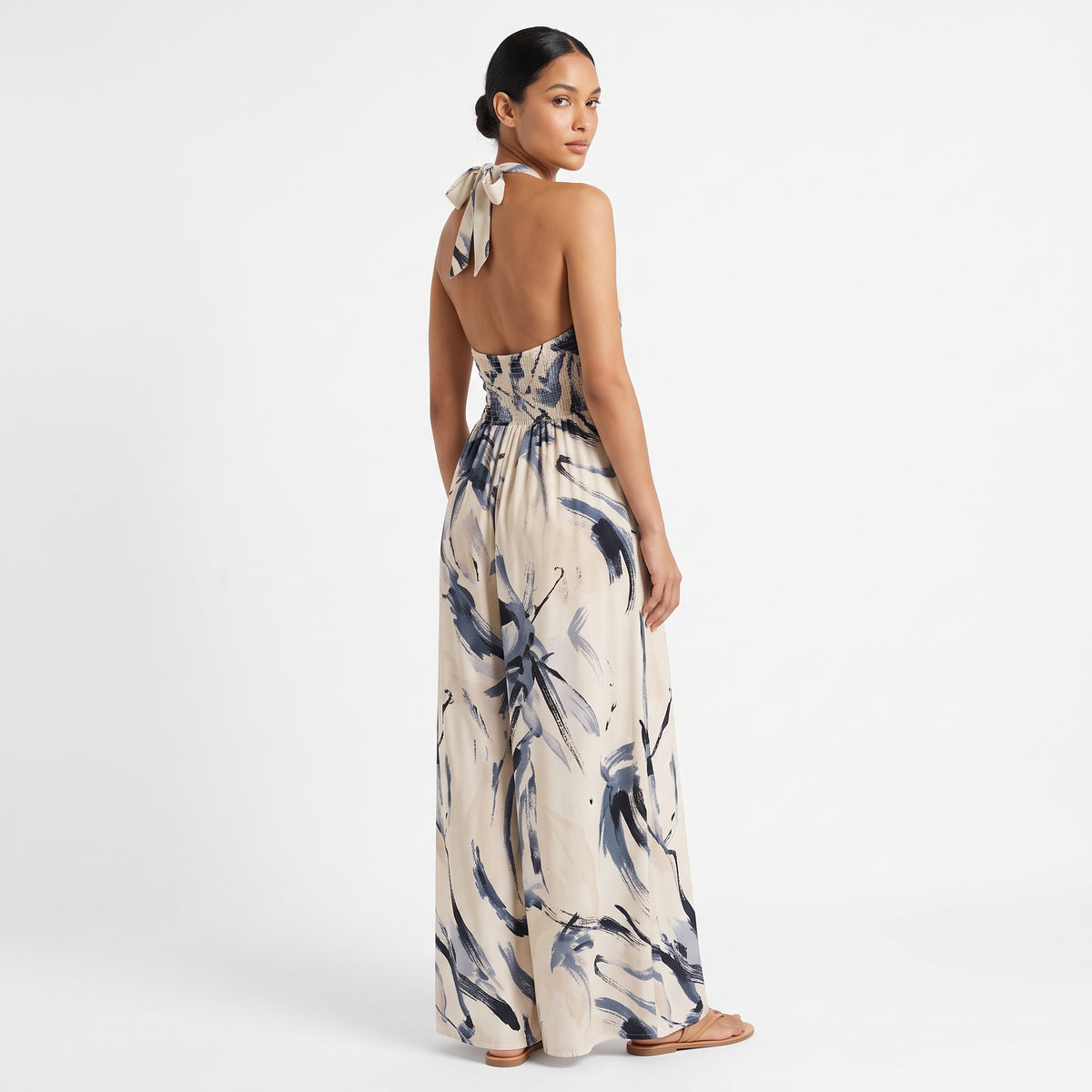 Aria | Artistic Print Halter Maxi Dress with Defined Waist