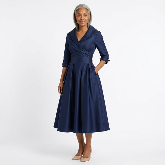 Simone-Skye wrap-bodice midi dress with shawl collar and pockets