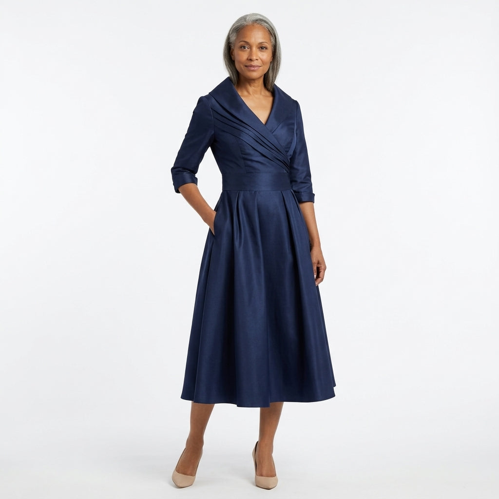 Simone-Skye wrap-bodice midi dress with shawl collar and pockets
