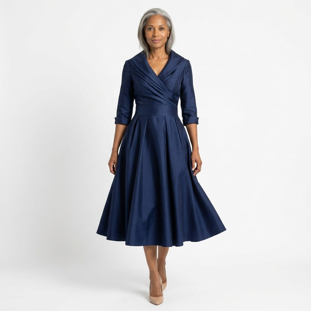 Simone-Skye wrap-bodice midi dress with shawl collar and pockets