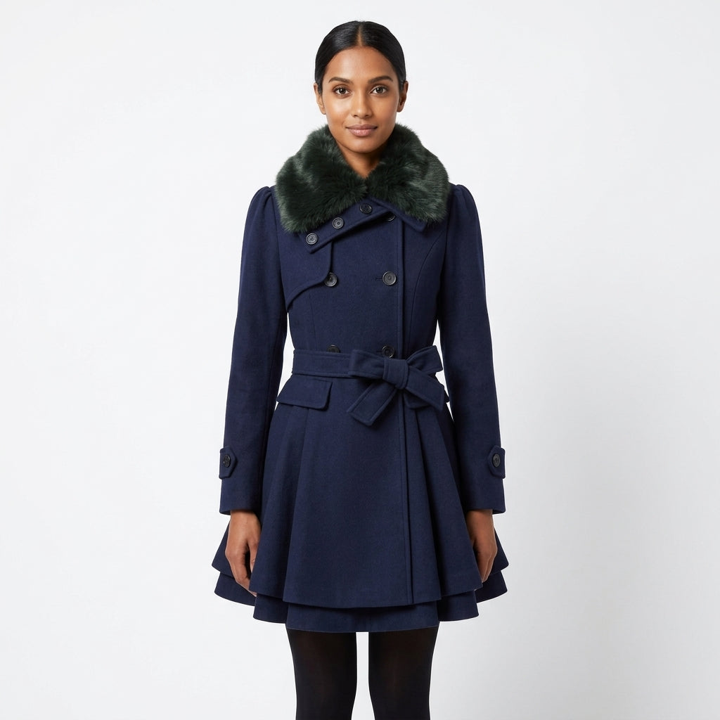 Vivienne | Women's Double-Breasted Wool-Blend Coat with Belt and Faux Fur Collar