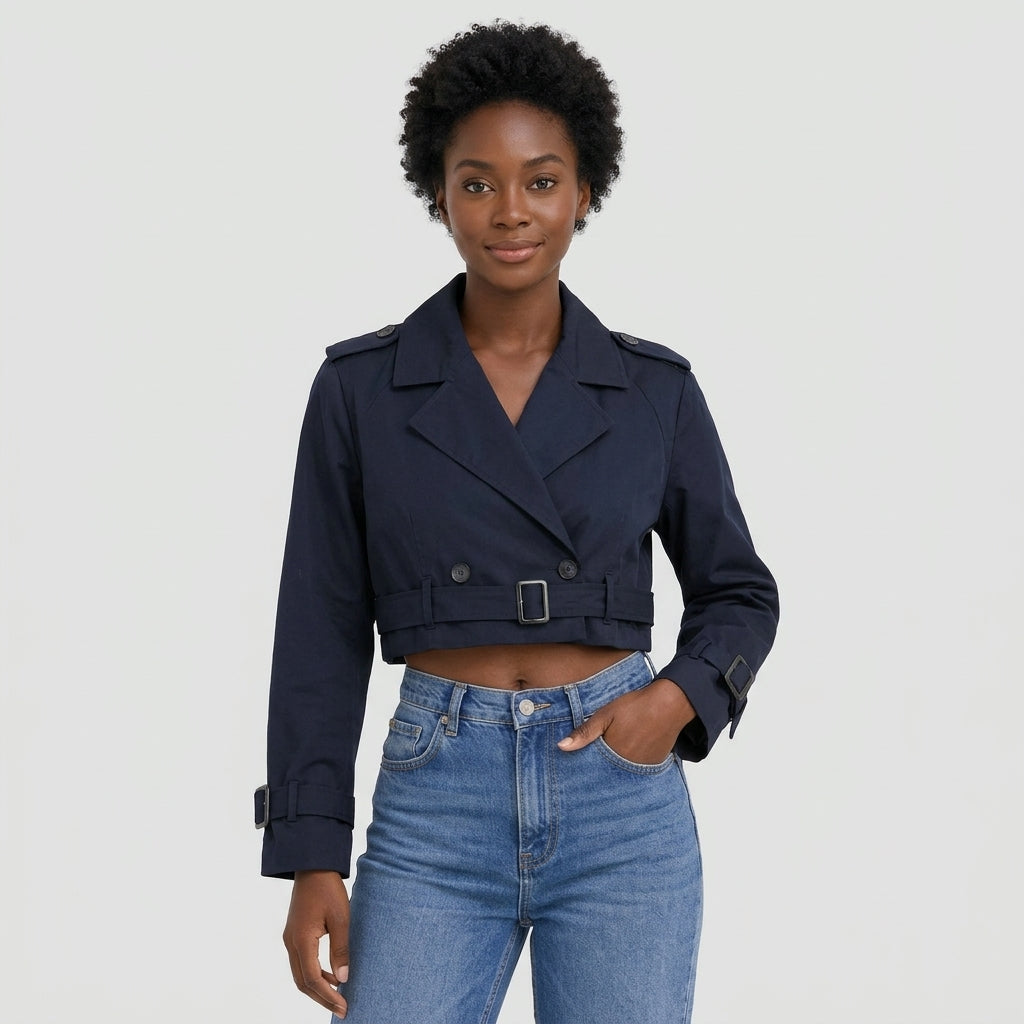 Evelyn | Women's Cropped Double-Breasted Belted Trench Jacket