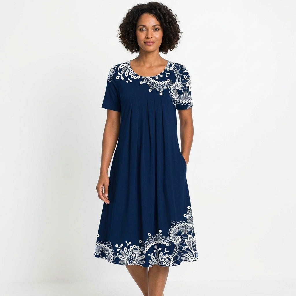 Felicity Printed Short Sleeve Midi Dress with Pockets