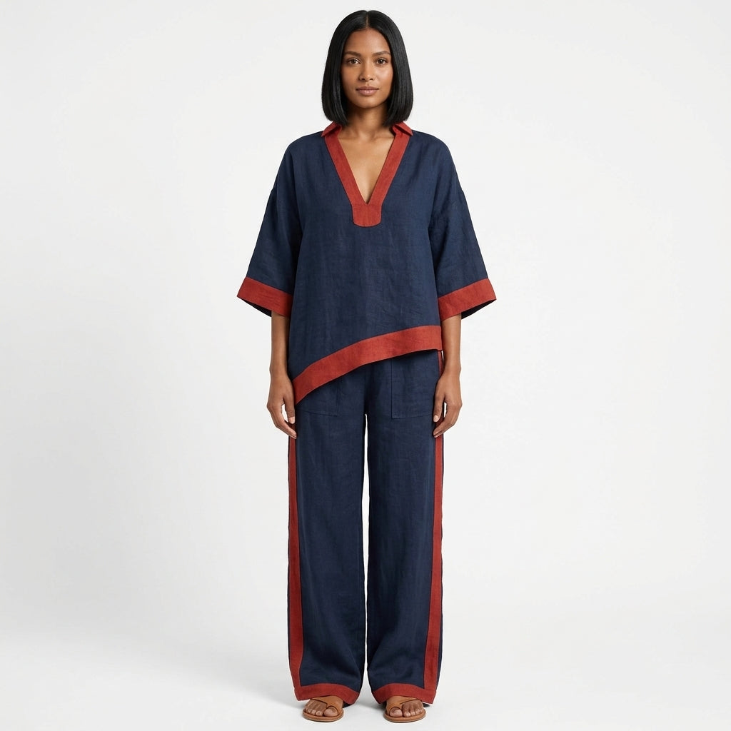 Marissa | Women's Contrast-Trim Two-Piece Set with V-Neck Top and Wide-Leg Pants