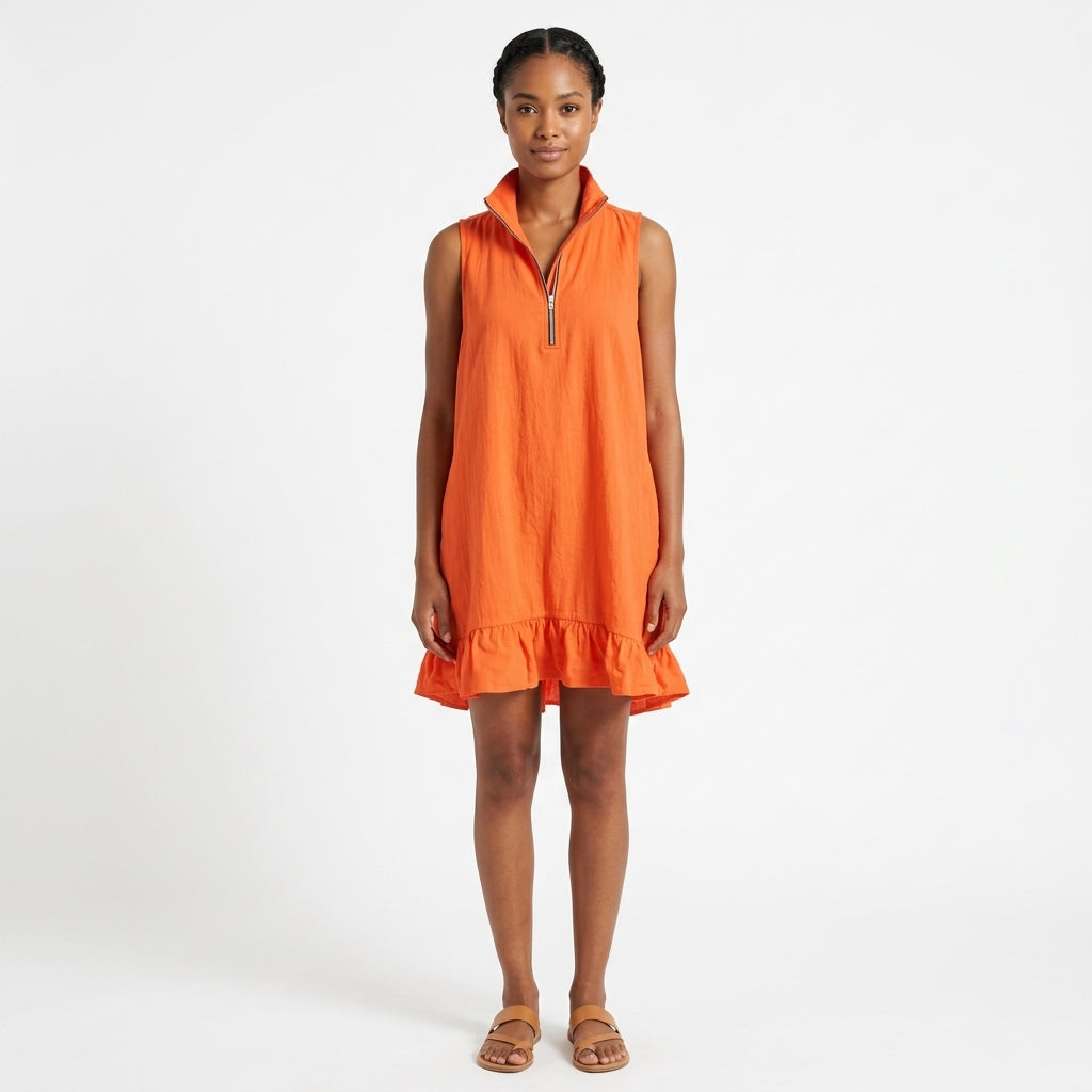 Kendall | Sleeveless Cotton Mini Dress with Half-Zip Neckline and Ruffle Hem