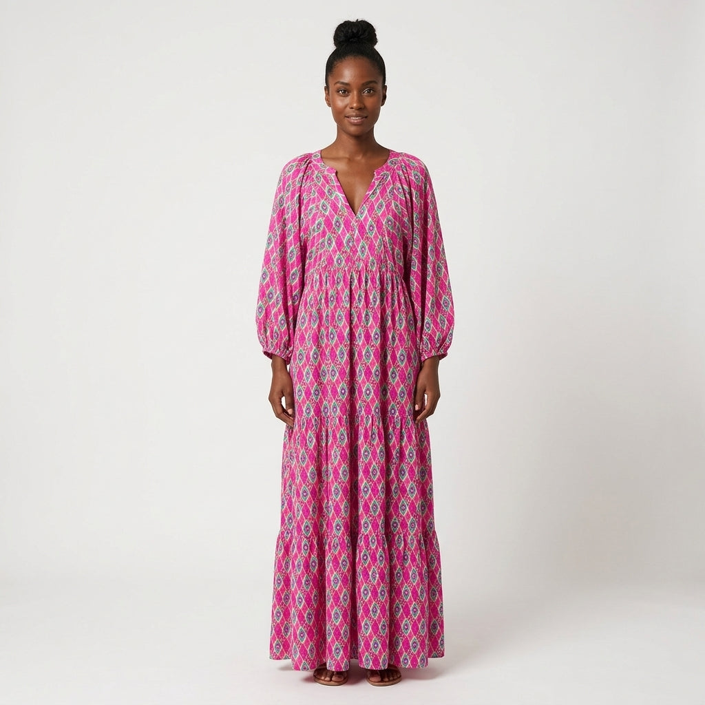 Isabella Geometric Print V-Neck Boho Maxi Dress
