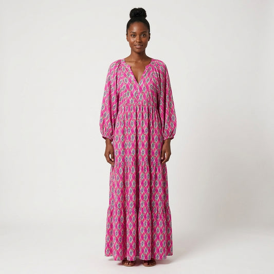 Isabella Geometric Print V-Neck Boho Maxi Dress