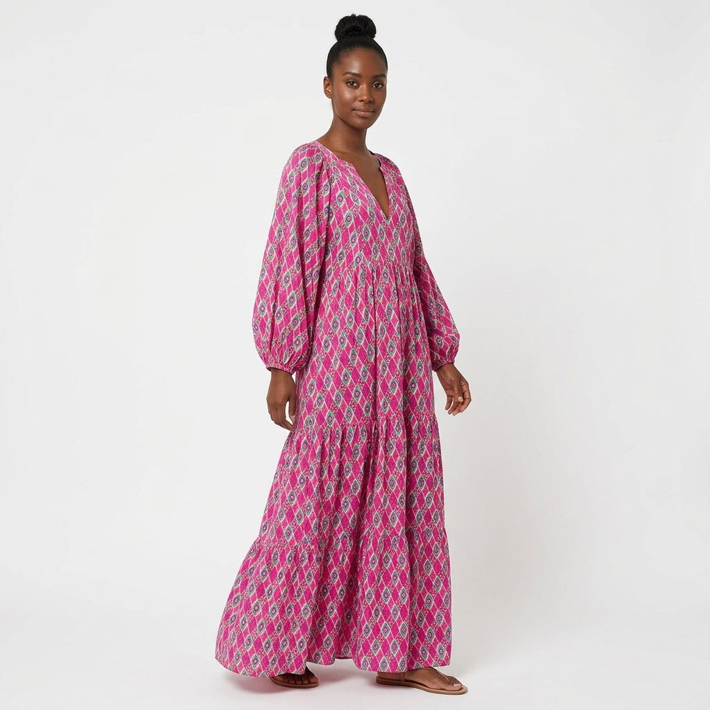 Isabella Geometric Print V-Neck Boho Maxi Dress