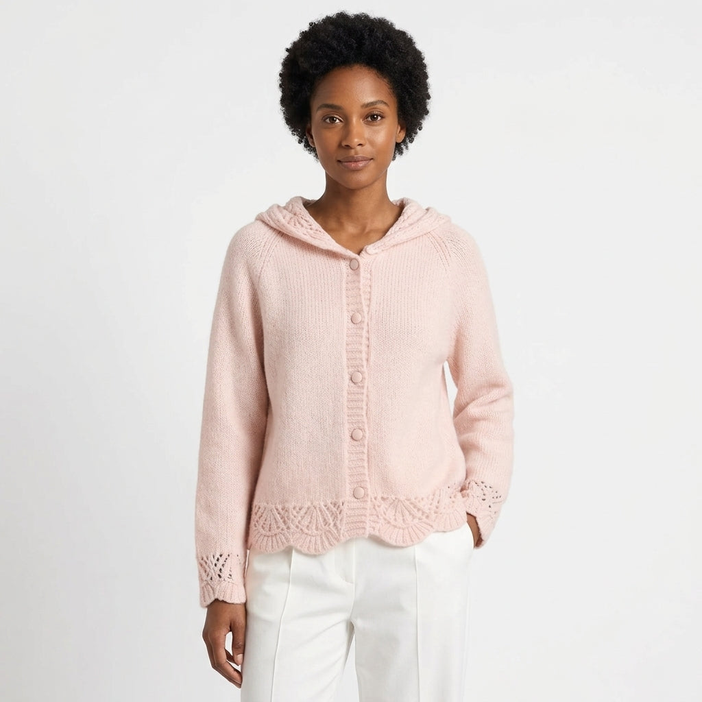 Camilla | Women's Button-Front Hooded Knit Cardigan with Scalloped Openwork Trim