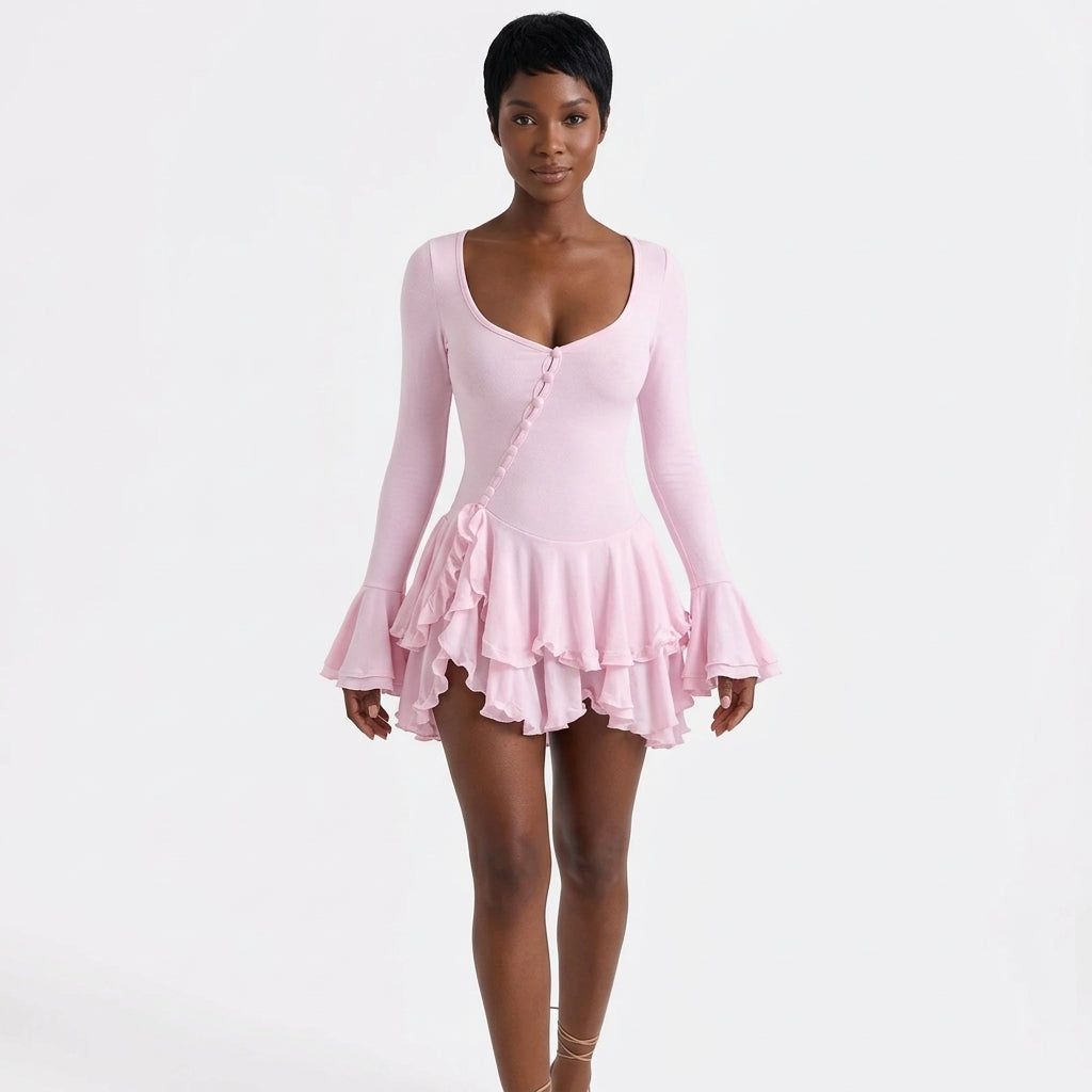 Natalia-Rae ruffle mini dress with diagonal buttons and flared cuffs