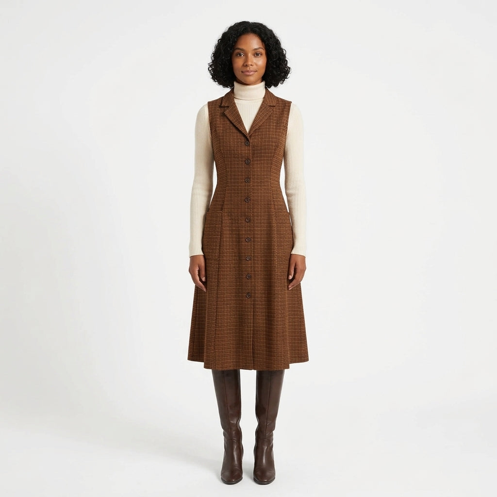 Helena | Women's Brown Plaid Sleeveless Midi Dress with Pockets and Back Tie
