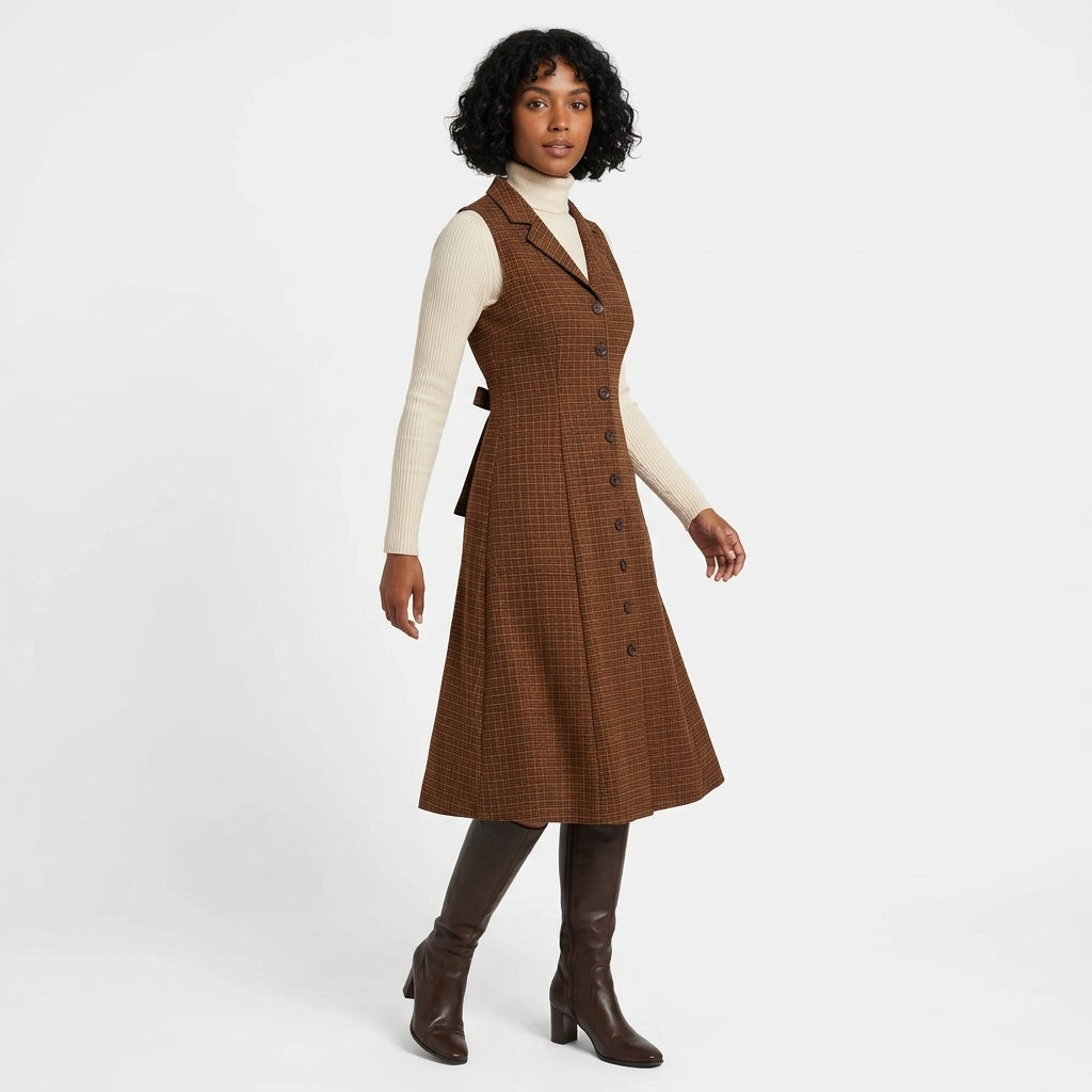 Helena | Women's Brown Plaid Sleeveless Midi Dress with Pockets and Back Tie