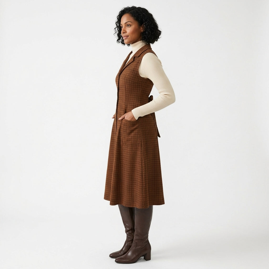 Helena | Women's Brown Plaid Sleeveless Midi Dress with Pockets and Back Tie