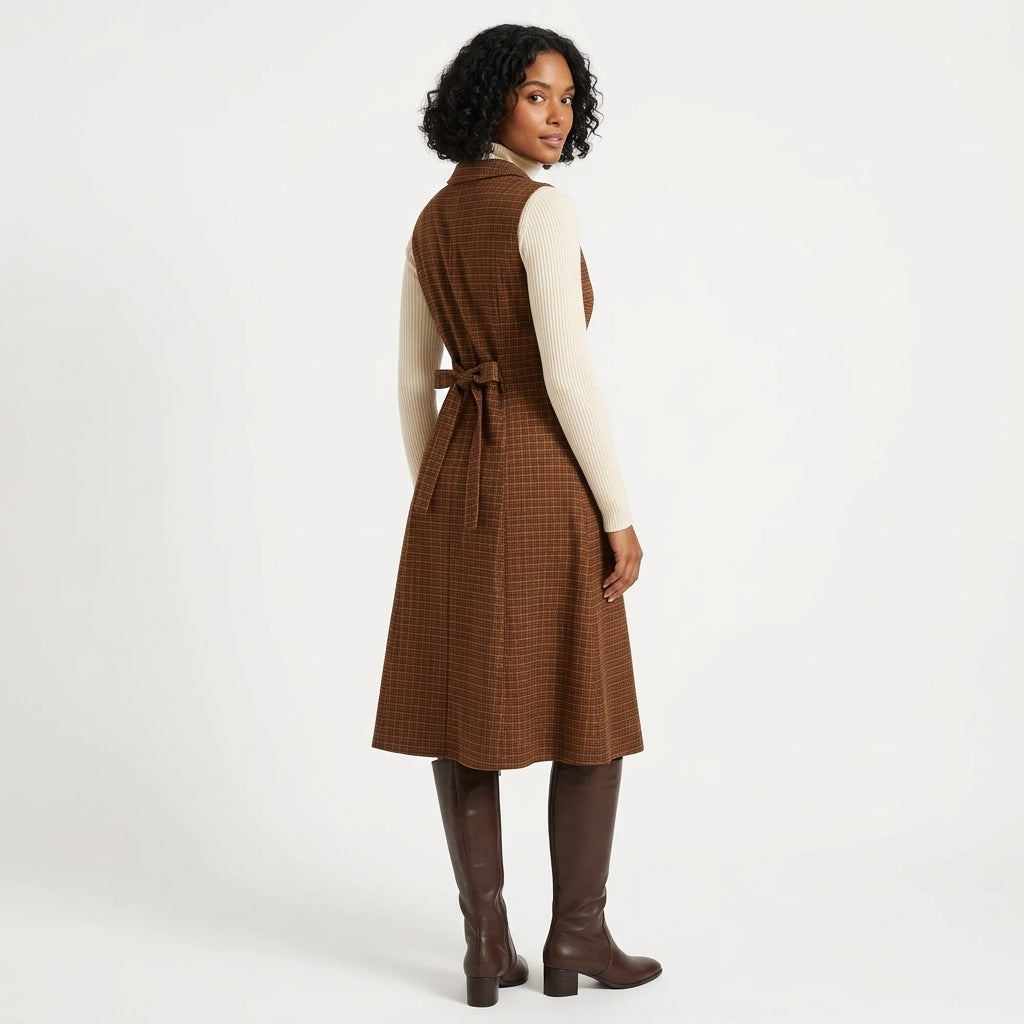 Helena | Women's Brown Plaid Sleeveless Midi Dress with Pockets and Back Tie