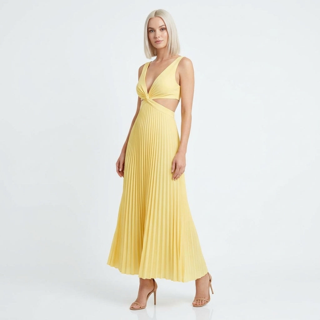 Clara-Jane pleated maxi dress with V-neck and waist cutouts