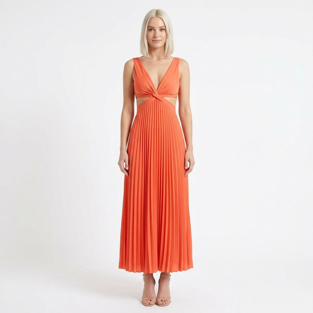 Clara-Jane pleated maxi dress with V-neck and waist cutouts