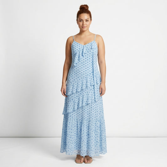 Margot-Jane polka dot maxi dress with slender straps and cascading ruffles