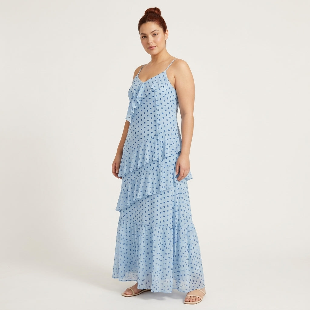 Margot-Jane polka dot maxi dress with slender straps and cascading ruffles