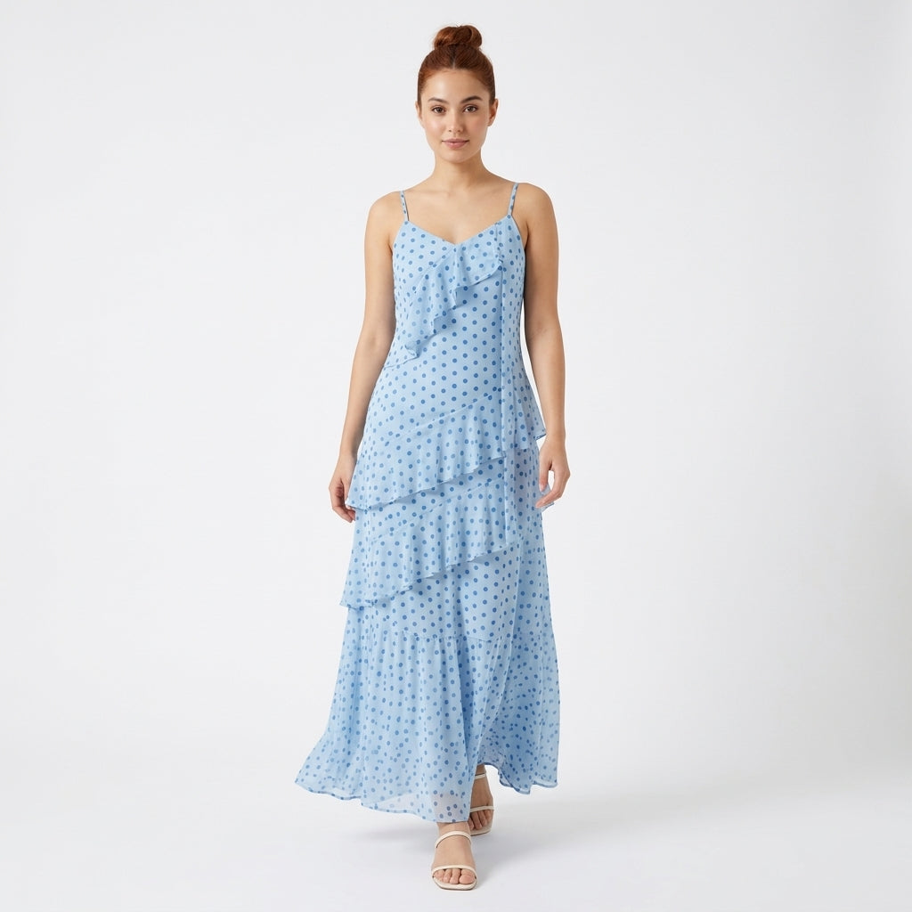 Margot-Jane polka dot maxi dress with slender straps and cascading ruffles