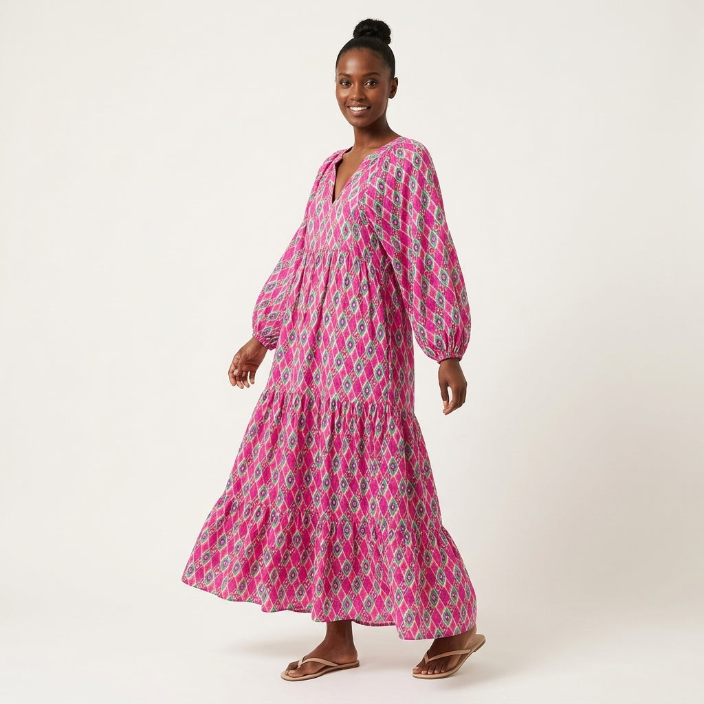 Isabella Geometric Print V-Neck Boho Maxi Dress