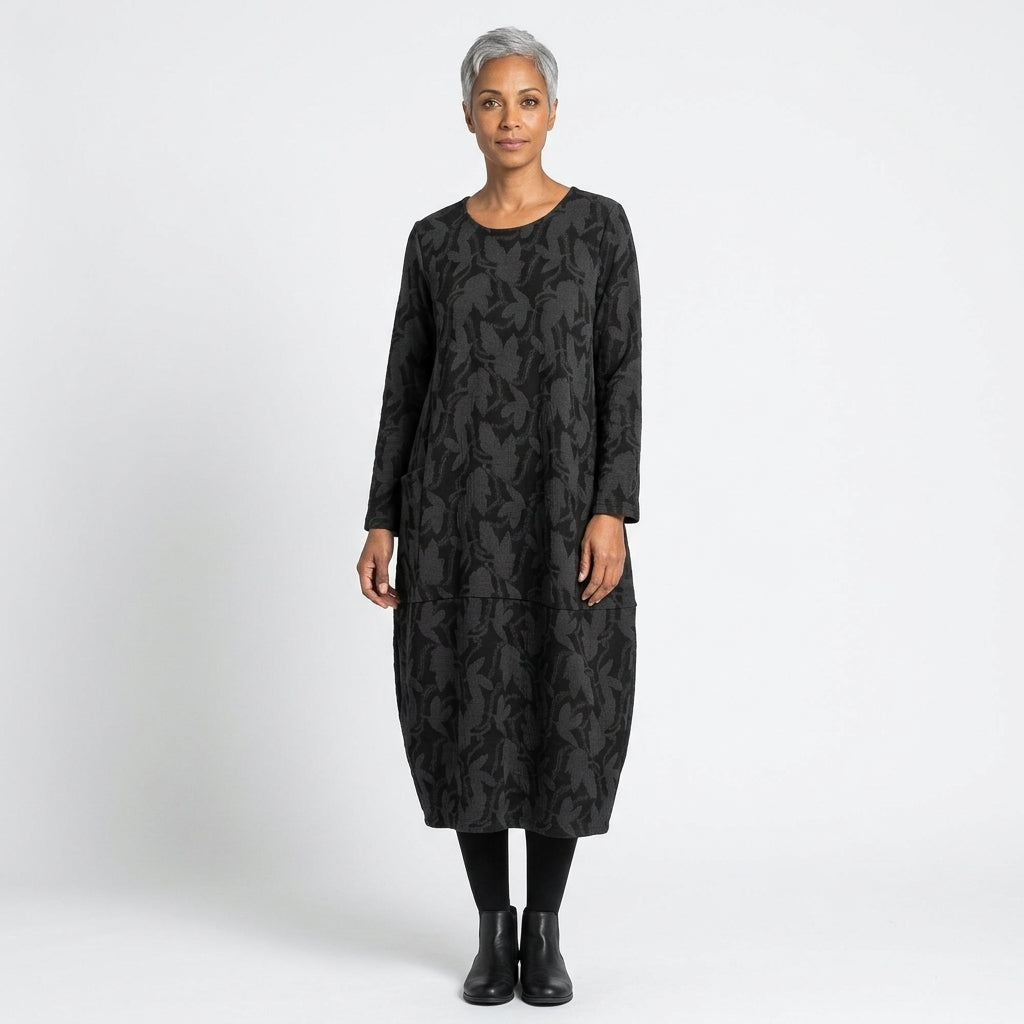 Grace | Women's Long-Sleeve Leaf-Print Midi Dress with Pockets