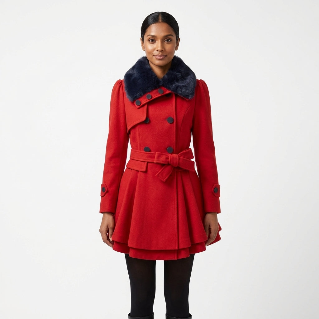 Vivienne | Women's Double-Breasted Wool-Blend Coat with Belt and Faux Fur Collar