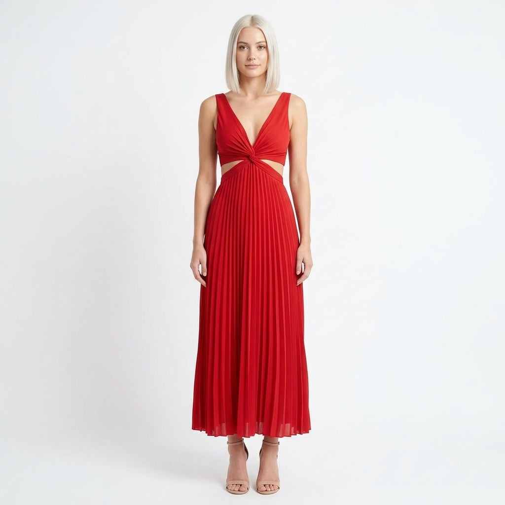 Clara-Jane pleated maxi dress with V-neck and waist cutouts
