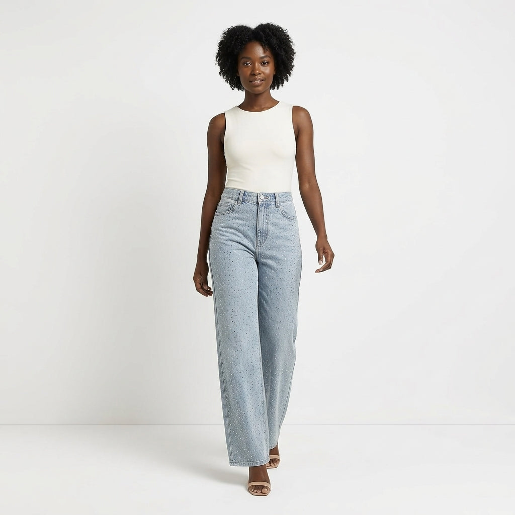 Hannah | Women's High-Rise Rhinestone Wide-Leg Jeans