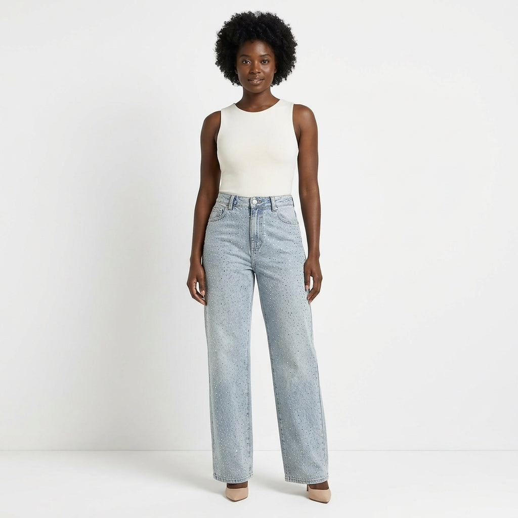 Hannah | Women's High-Rise Rhinestone Wide-Leg Jeans