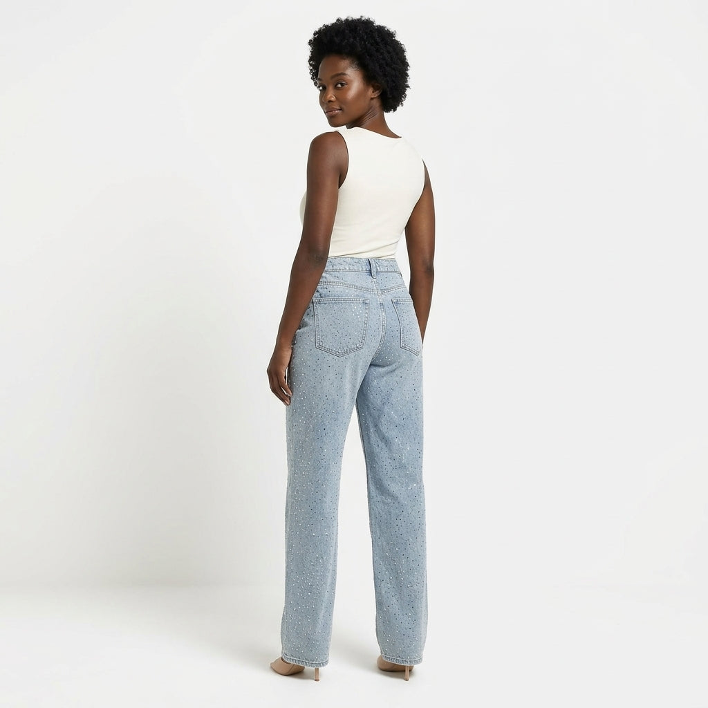 Hannah | Women's High-Rise Rhinestone Wide-Leg Jeans