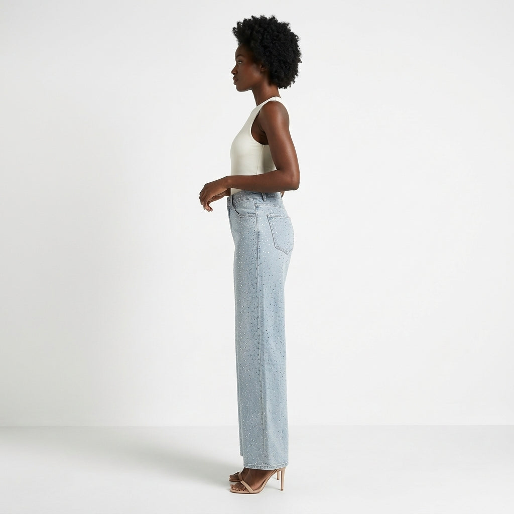 Hannah | Women's High-Rise Rhinestone Wide-Leg Jeans