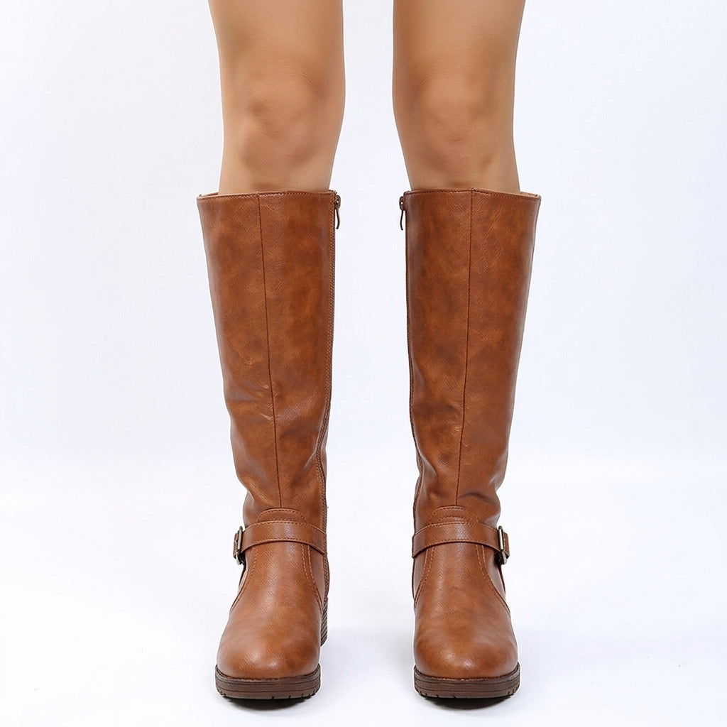 Elaine Leather-Look Knee-High Riding Boots with Side Zip and Buckle Strap
