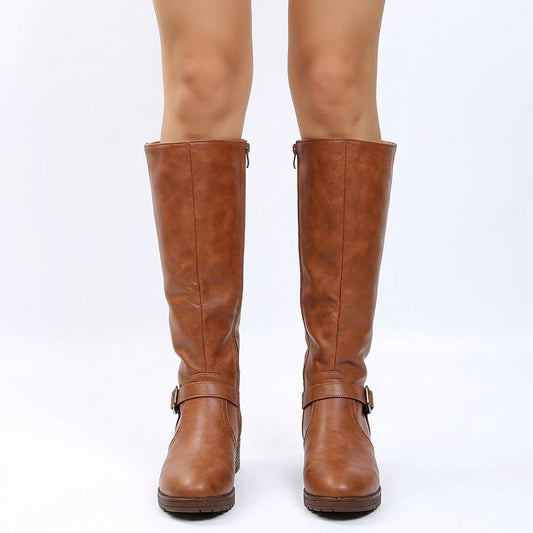 Elaine Leather-Look Knee-High Riding Boots with Side Zip and Buckle Strap