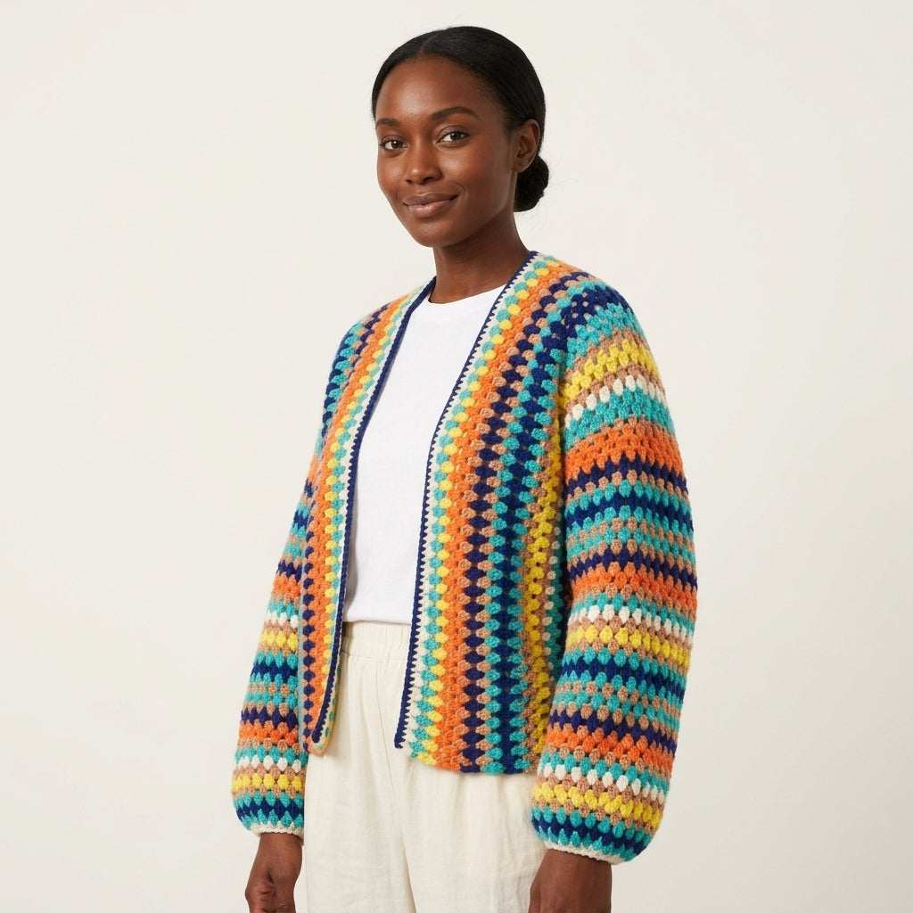 Emma Multicolor Chunky Crochet-Style Open-Front Cardigan