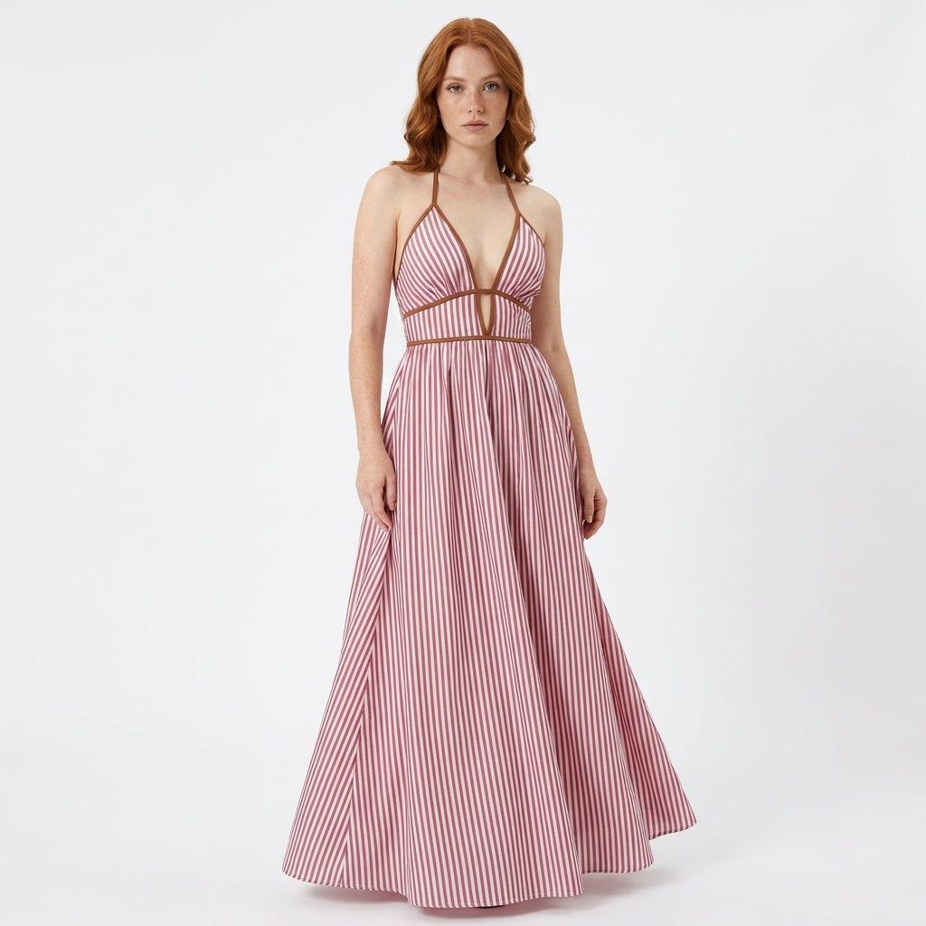 Valencia Striped Halter Neck Open-Back Maxi Dress