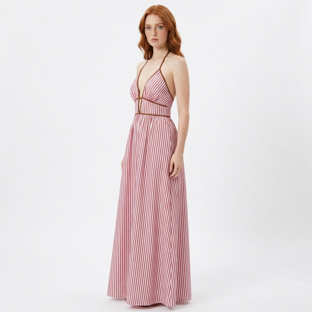 Valencia Striped Halter Neck Open-Back Maxi Dress