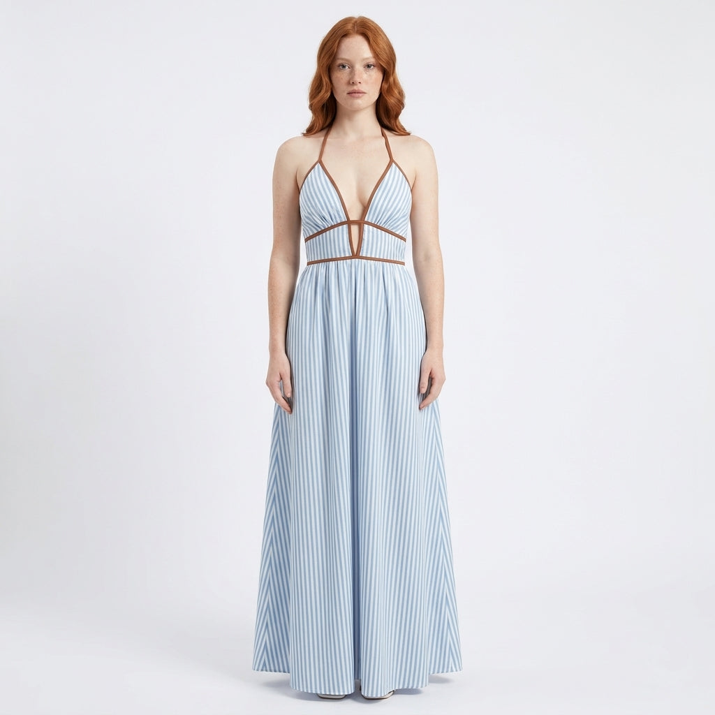 Valencia Striped Halter Neck Open-Back Maxi Dress