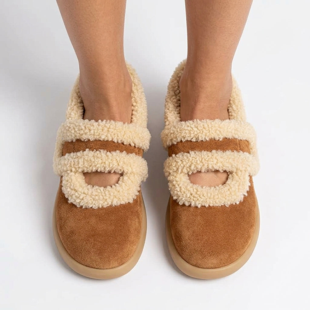 Danica Suede-Look Plush-Lined Slippers with Fluffy Strap Detail