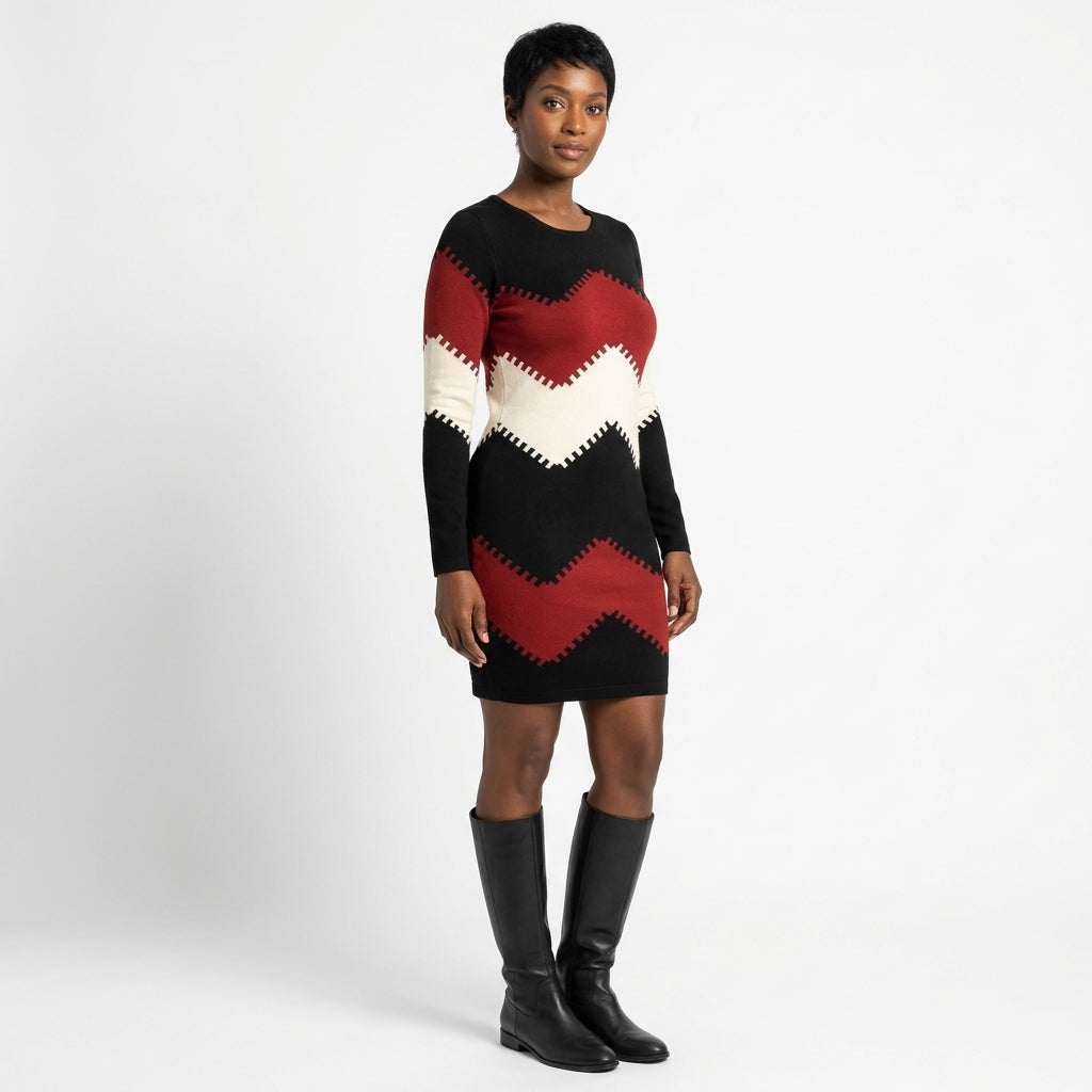 Charlotte | Women's Chevron Colour-Block Long-Sleeve Sweater Dress
