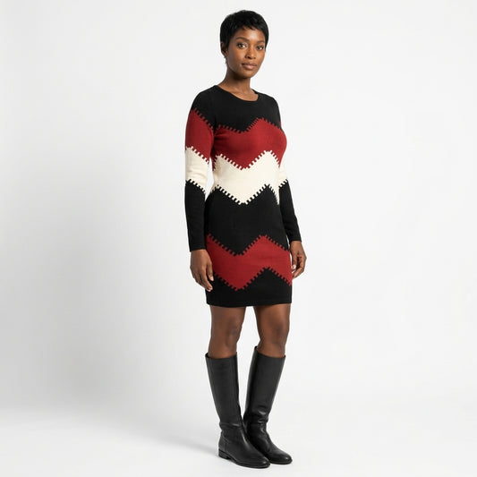 Charlotte | Women's Chevron Colour-Block Long-Sleeve Sweater Dress