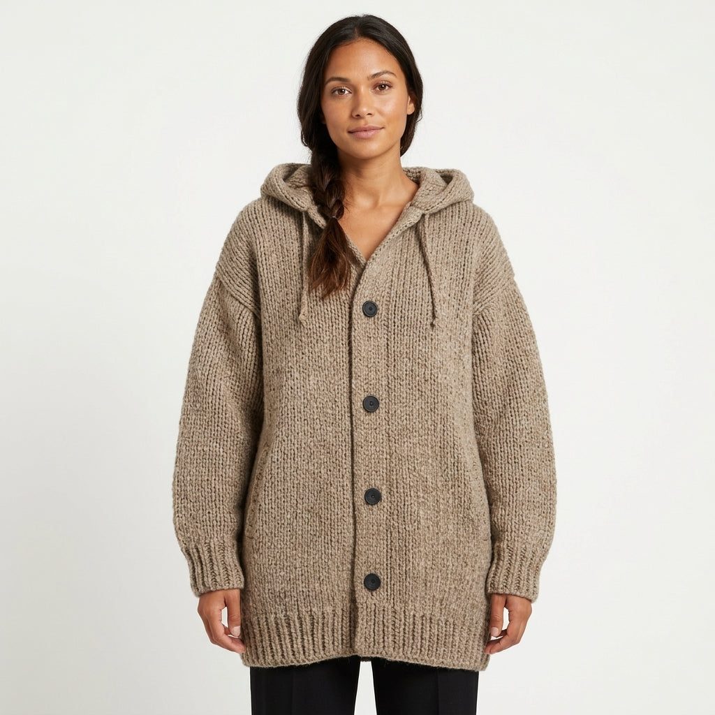 Elara | Women's Chunky Knit Oversized Cardigan with Hood and Pockets