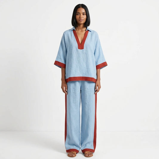 Marissa | Women's Contrast-Trim Two-Piece Set with V-Neck Top and Wide-Leg Pants